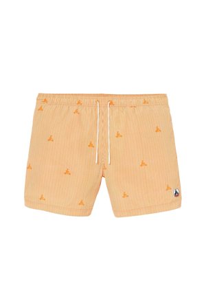 Oranje-wit gestreepte zwembroek met kleine oranje abstracte vormen, elastische tailleband, wit trekkoord en een ronde logopatch op het linkerbeen.