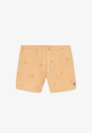 Costume da bagno a righe arancioni e bianche con piccole forme astratte arancioni, vita elastica, coulisse bianca e toppa con logo circolare sulla gamba sinistra.