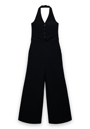 Schwarzer Jumpsuit mit Neckholder, weitem Bein, knopfbesetztem, westeartigem Oberteil und tailliertem Detail.