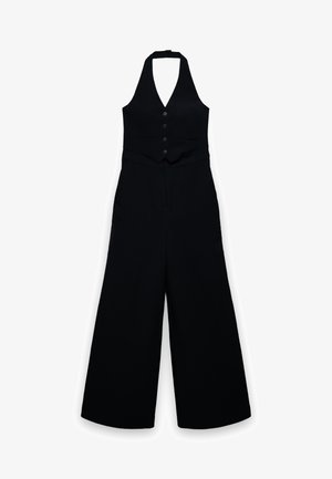 Schwarzer Jumpsuit mit Neckholder, weitem Bein, knopfbesetztem, westeartigem Oberteil und tailliertem Detail.