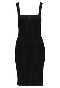Czarna, prążkowana midi sukienka z kwadratowym dekoltem, cienkimi ramiączkami i dopasowanym krojem. Wykonana z teksturowanej tkaniny, z wyraźnym pionowym detalem prążkowania w całej długości.