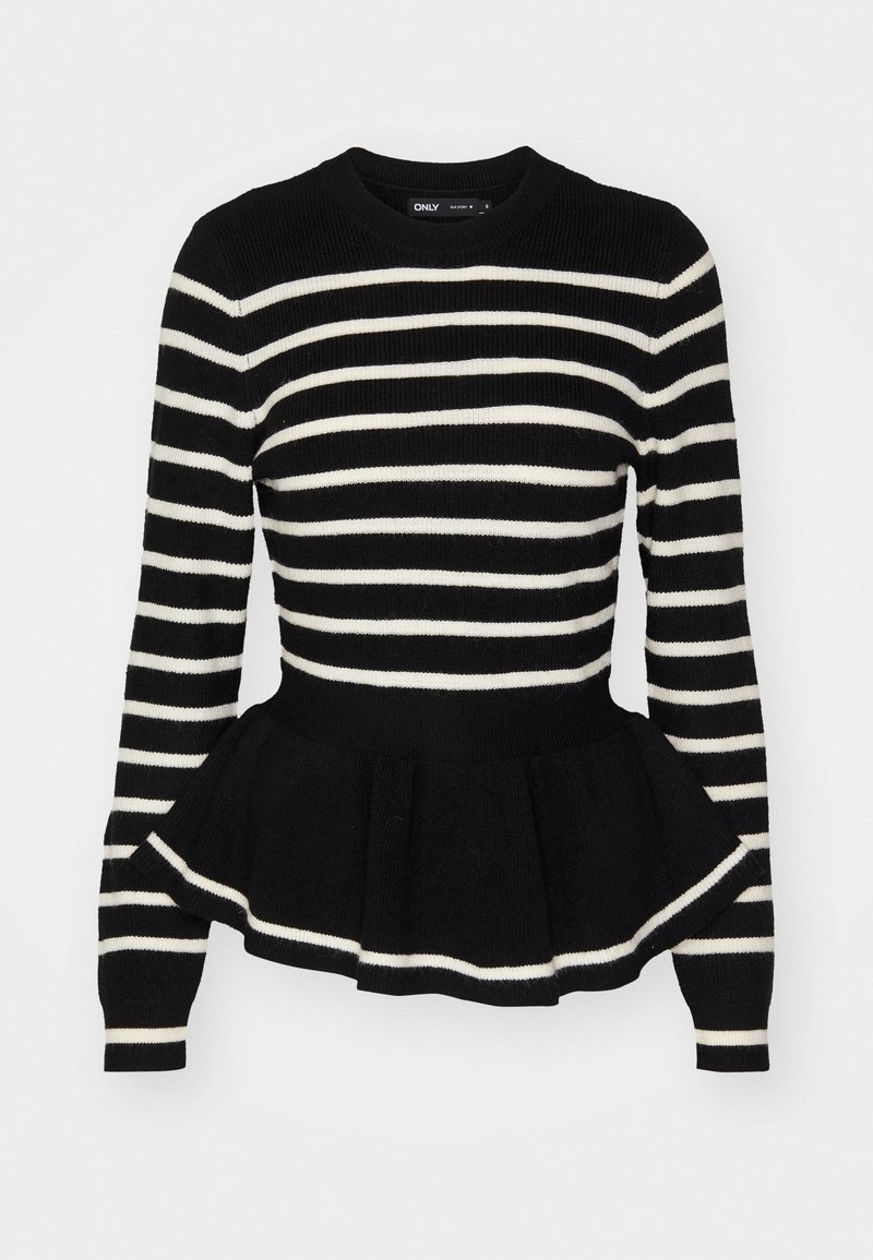 Svart og hvit stripete genser med lange ermer, en tettsittende bodice og en utsvingt peplum-bunn. Ribbete tekstur gjennom hele genseren, rund hals.