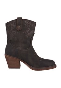 Bota de vaquero de cuero marrón con costuras decorativas, punta afilada y tacón apilado. Cuenta con una lengüeta en el tronco para facilitar su uso.