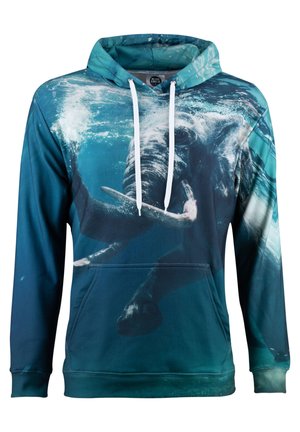 Hooded sweatshirt in tinten van teal, met een olifantenontwerp ondergedompeld in water. Inclusief witte trekkoorden en een voorzak in de kangaroo-stijl.
