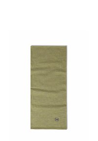Buff neck gaiter in olive green, made of soft, stretchy material. Features a seamless design with a small logo at the bottom.
