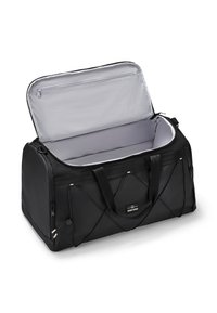 Black duffel bag made of durable fabric, featuring a spacious interior, gray lining, two handles, and a zippered pocket on the inside.