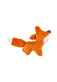 Soft orange fox plush toy with white-tipped tail and smiling face, shown in side profile on a white background.