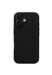 Black phone case made of soft-touch material, featuring cutouts for dual cameras, a sleek matte finish, and rounded edges.
