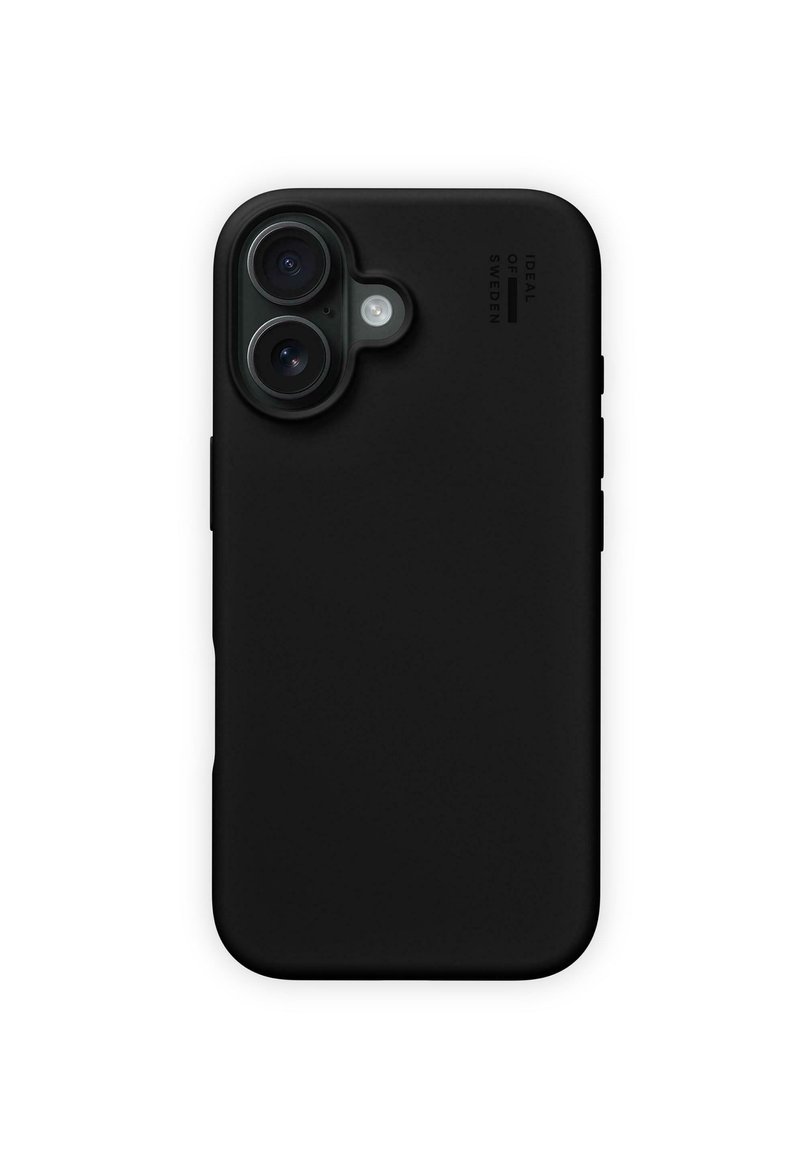 Black phone case made of soft-touch material, featuring cutouts for dual cameras, a sleek matte finish, and rounded edges.