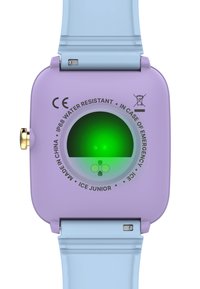 Orologio in silicone viola con quadrante verde rotondo, accentato in oro, cinturino blu e la marcatura "Impermeabile IP68" sul retro.