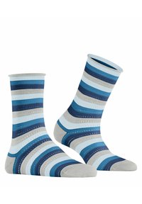 Gestreepte sokken in blauw, grijs en lichtblauwe kleuren. Gemaakt van een gebreid materiaal met een zachte textuur en geribbelde boorden.