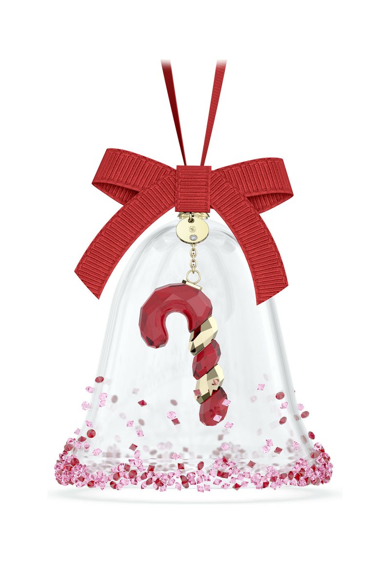 Adorno transparente en forma de campana con un lazo rojo, que contiene una figura de bastón de caramelo en rojo y dorado, rodeada de purpurina rosa.