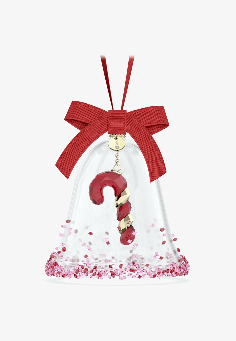 Adorno transparente en forma de campana con un lazo rojo, que contiene una figura de bastón de caramelo en rojo y dorado, rodeada de purpurina rosa.