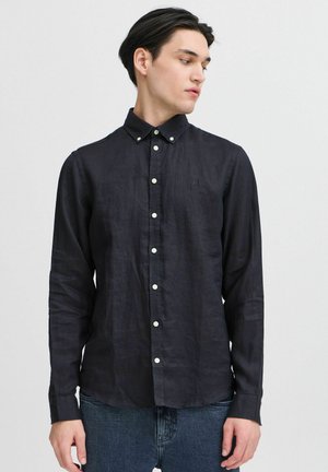Dark blue long-sleeve button-up shirt in a lightweight fabric, featuring a classic collar and white buttons along the front.