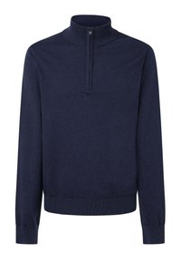 Pull en maille bleu marine à demi-zip avec des manches longues, fabriqué en tissu doux, présentant un col haut et des poignets et un ourlet côtelés pour un effet ajusté.