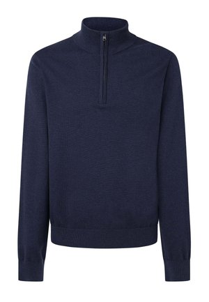 Pull en maille bleu marine à demi-zip avec des manches longues, fabriqué en tissu doux, présentant un col haut et des poignets et un ourlet côtelés pour un effet ajusté.