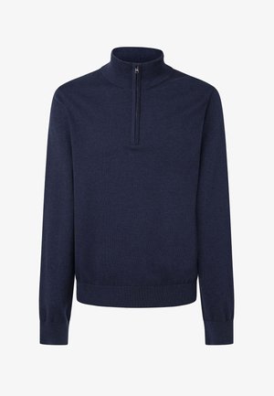 Granatowy półzapiany sweter z długimi rękawami, wykonany z miękkiego materiału, z wysokim kołnierzem oraz ściągaczami na rękawach i u dołu, co nadaje mu dopasowany wygląd.