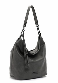 Šedá perforovaná kožená kabelka přes rameno se uvolněným designem, která má odnímatelnou třásenku a robustní kovové detaily.