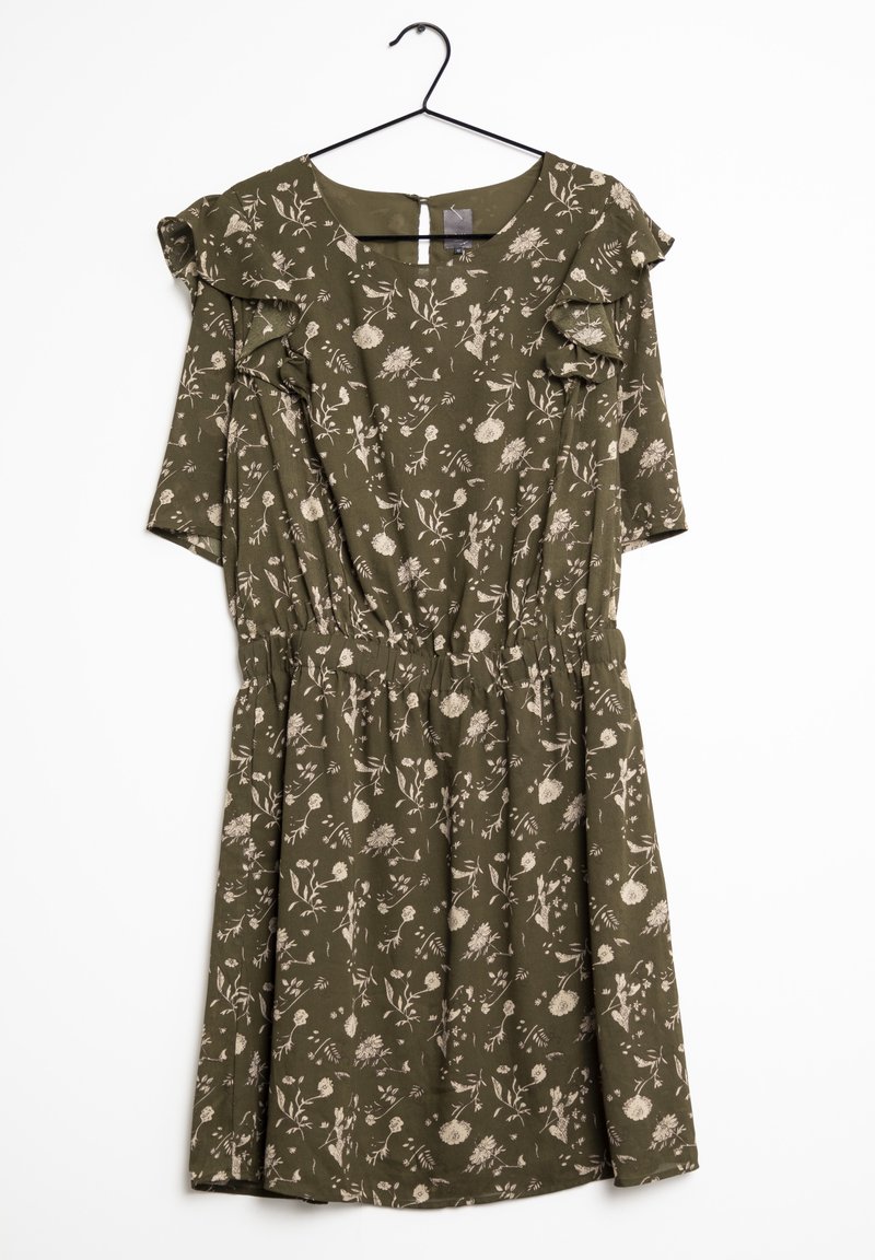 Oliivinvihreä mekko, jossa on kukkakuosi, röyhelöhihat, joustava vyötärö ja napitus takana. Pehmeä kangas, jossa on kevyt rakenne.