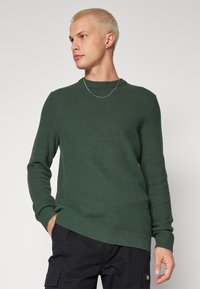 Green knit sweater with a textured pattern, crew neckline, and ribbed cuffs. Worn with dark pants and a silver chain necklace.