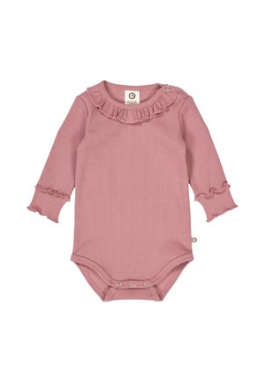 Body a maniche lunghe in tessuto a coste color rosa polveroso, caratterizzato da una scollatura arricciata e maniche con bordi frill, chiusura a pressione sul fondo.