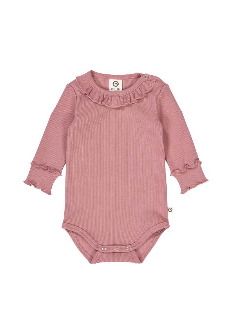 Bodysuit s dlouhým rukávem v prachově růžové pruhované tkanině, s volánkovým výstřihem a rukávy s volánkovým lemem, s patentkami na dně.