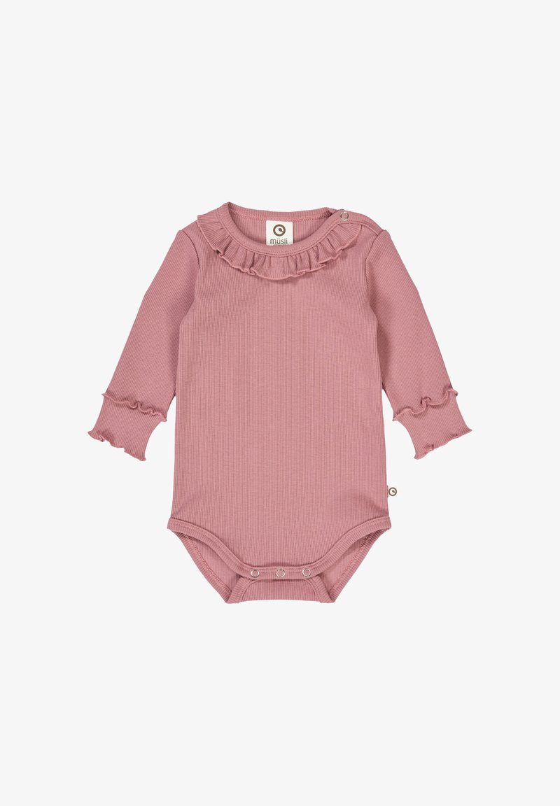 Body z długim rękawem w kolorze przykurzonego różu, wykonane z prążkowanej tkaniny, z falbanistym dekoltem i rękawami z falbaniastymi krawędziami, z zapięciem na zatrzaski na dole.
