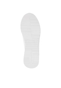 White shoe sole featuring a textured, patterned design with horizontal and vertical lines. Branding visible on the heel area.