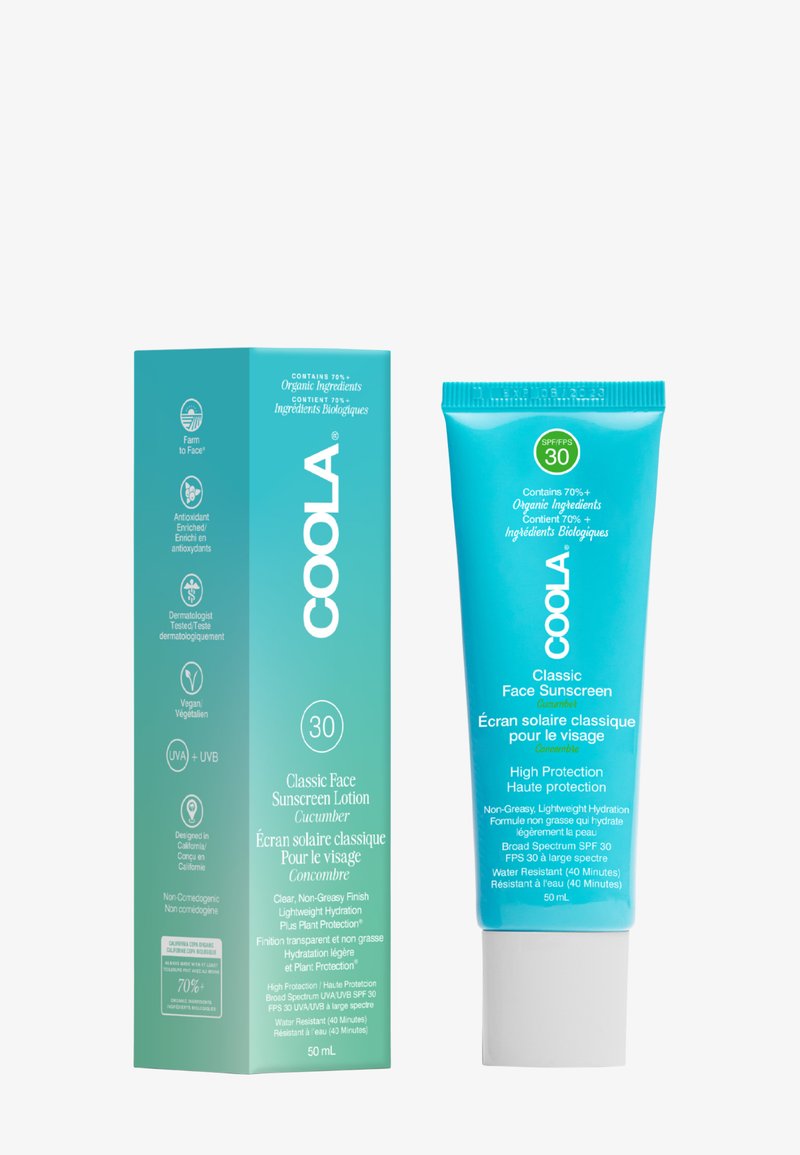 COOLA Classic Face Sunscreen lotion and matching box in teal, SPF 30, cucumber scent, highlighting organic ingredients and high protection features.