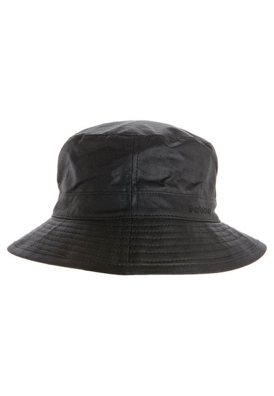 Chapeau seau noir à texture douce, couronne ronde et large bord plat. Présente des coutures discrètes et un logo embossé sur le côté.