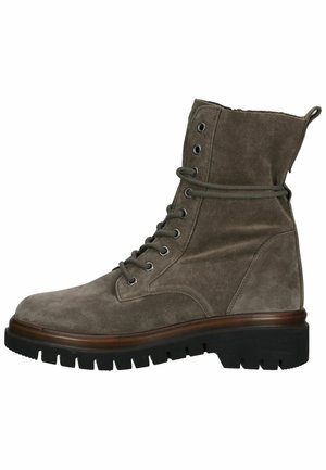 Lace-up ankle boot in grey suede with a textured surface, round toe, padded collar, and chunky black rubber sole.