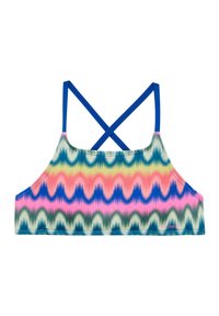 Viacfarebný plavkový top so zigzag vzorom v ružovej, modrej, zelenej a krémovej farbe, s modrými ramienkami, ktoré sa na chrbte prekrývajú.