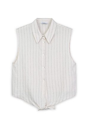 Chemise sans manches de couleur crème avec des rayures verticales, fermeture à boutons, col évasé et un détail de nœud noué à l'ourlet. Tissu texturé.