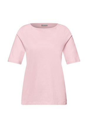 Haut pour femmes à manches courtes de couleur rose doux, avec un col rond et un ourlet droit, présenté sur un fond blanc.