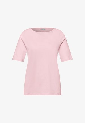 Top rosa tenue da donna a maniche corte con scollo arrotondato e orlo dritto, mostrato su sfondo bianco.