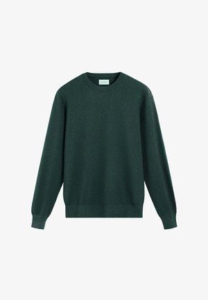 Dunkelgrüner Rundhalsausschnitt-Pullover aus weichem Stoff, mit langen Ärmeln und gerippten Bündchen sowie Saum. Keine sichtbaren Muster oder zusätzlichen Details.
