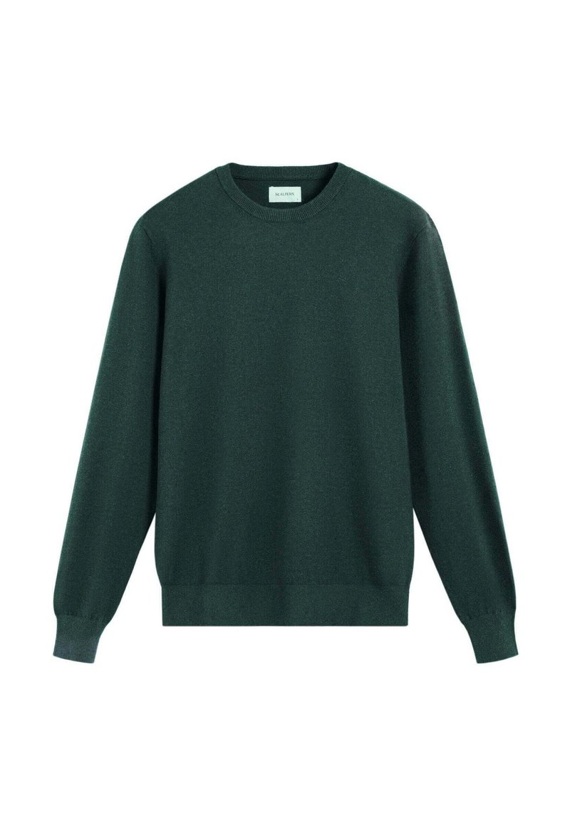 Pulover cu guler rotund de culoare verde închis, realizat dintr-un material moale, având mâneci lungi și manșete și tiv ribanate. Fără modele vizibile sau detalii suplimentare.