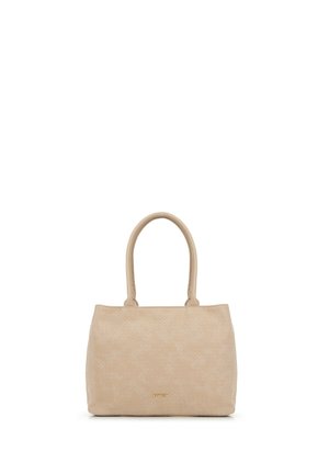 Sac fourre-tout tissé beige avec deux poignées, de forme rectangulaire, texture lisse, accent logo doré à l'avant, et sans matériel supplémentaire.