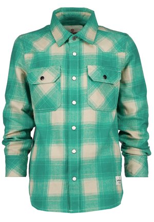 Koszula flanelowa w zielono-beżową kratę, z kołnierzykiem, dwoma kieszeniami na piersi oraz zatrzaskami. Miękka tkanina z widocznymi detalami szwów.