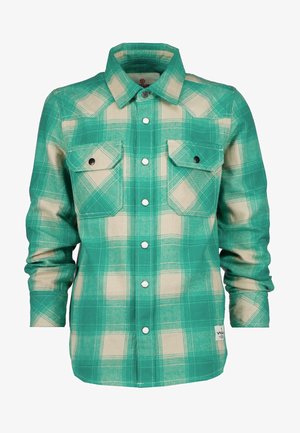 Koszula flanelowa w zielono-beżową kratę, z kołnierzykiem, dwoma kieszeniami na piersi oraz zatrzaskami. Miękka tkanina z widocznymi detalami szwów.