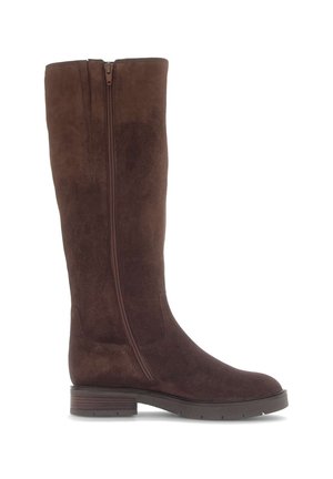 Tall brown suede boot with side zipper, low stacked heel, and round toe on a white background.
