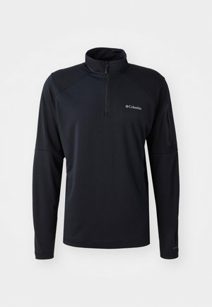 Črn pulover s pol zadrgo, narejen iz mehkega, raztegljivega materiala. Ima raglan rokave, žep z zadrgo na levi rami in detajl z logotipom.