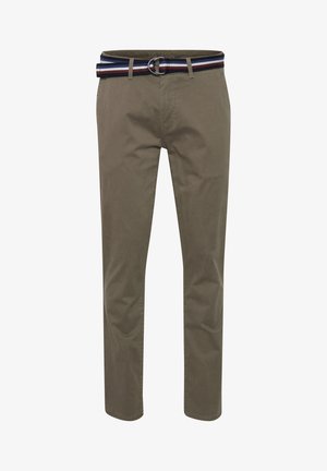 Khaki chinos s hladkou strukturou a rovným střihem, zdobené páskem s námořnickou modrou, červenou a bílou pruhovanou vzorovou, a předními kapsami.