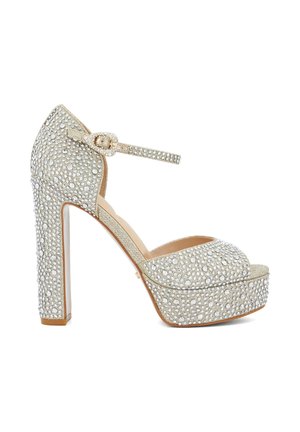 High-heeled platform sandal covered in small silver rhinestones with an ankle strap and buckle on a white background.