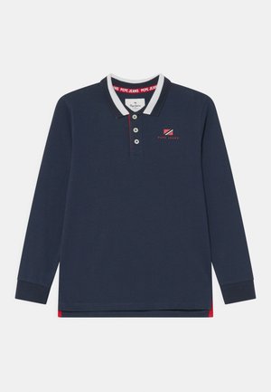 Marineblaues Polohemd mit langen Ärmeln, weißem Kragenbesatz, Drei-Knopf-Leiste und rotem Pepe Jeans Logo auf der Brust.