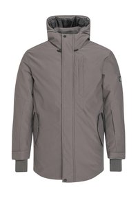 Pánská šedá zimní bunda s kapucí, přední zip zakrytý légou, postranní kapsy na zip a vnitřní manžety na zápěstí.