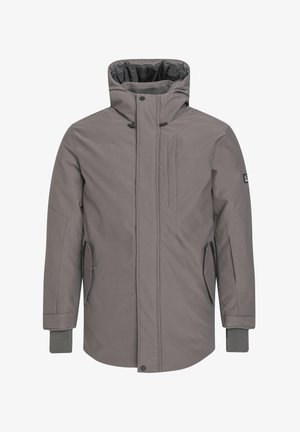 Chaqueta de invierno gris para hombre con capucha, cierre frontal cubierto por una solapa, bolsillos laterales con cremallera y puños en el interior de las muñecas.
