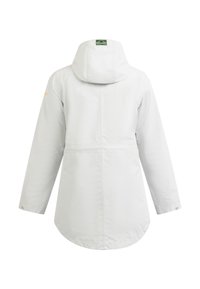 Chaqueta impermeable gris claro con capucha, con un corte recto, cierres a presión y un dobladillo trasero ligeramente más largo para mayor protección.
