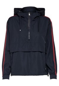 Navy blue hooded pullover jacket with a front zipper, red side stripes, elastic cuffs, and a cropped design for a relaxed fit.