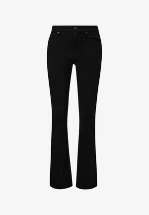 Schwarze ausgestellte Jeans aus einem Baumwoll-Mischgewebe. Mit einem Knopfverschluss, Gürtelschlaufen sowie Vorder- und Gesäßtaschen. Glatte Textur.